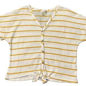 Paper Crane Short Sleeve Tie Front Stripe Waffle Knit Top